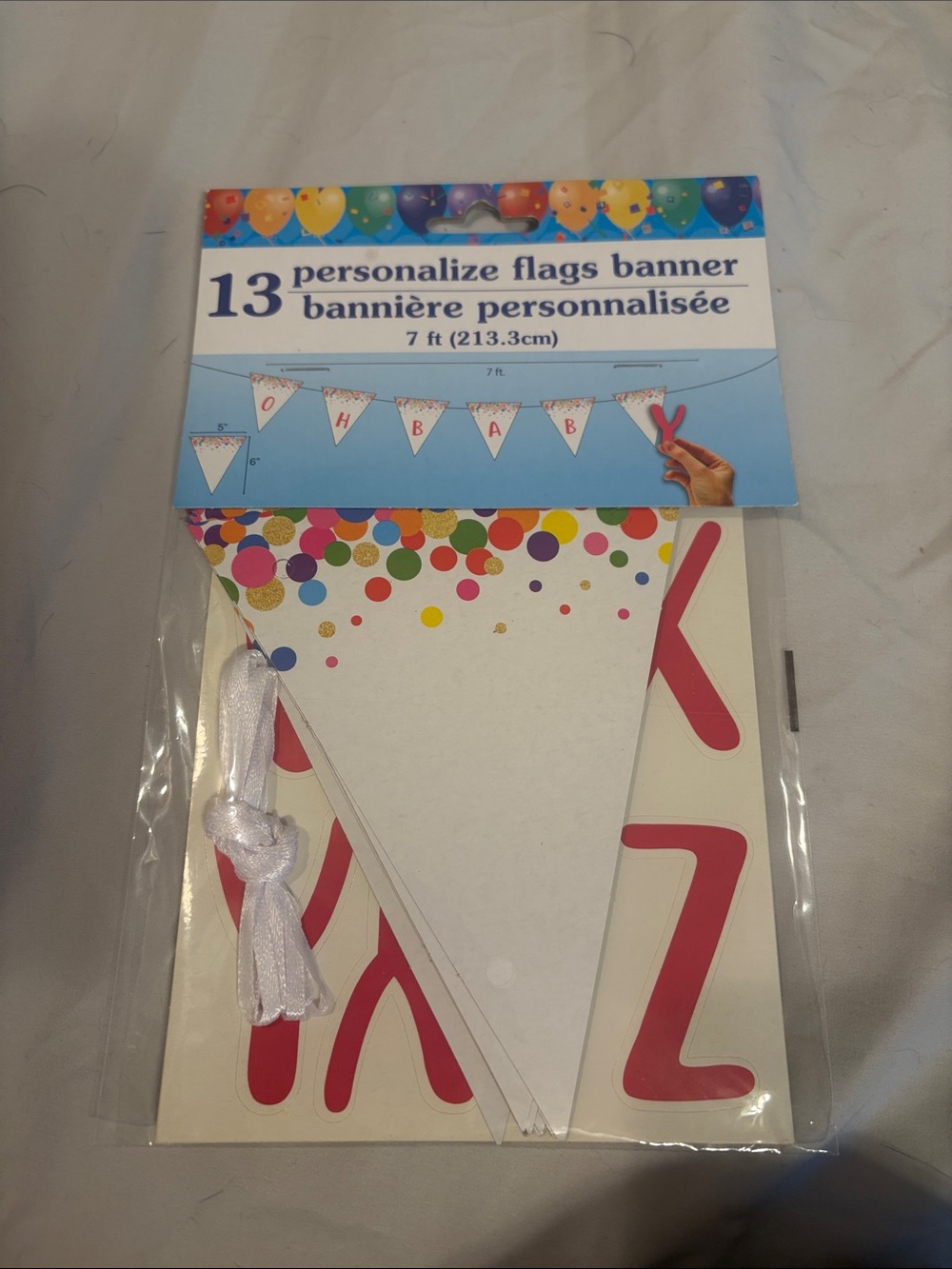 Personalize Flags Banner - White with Multicolor Confetti and Pink Letters